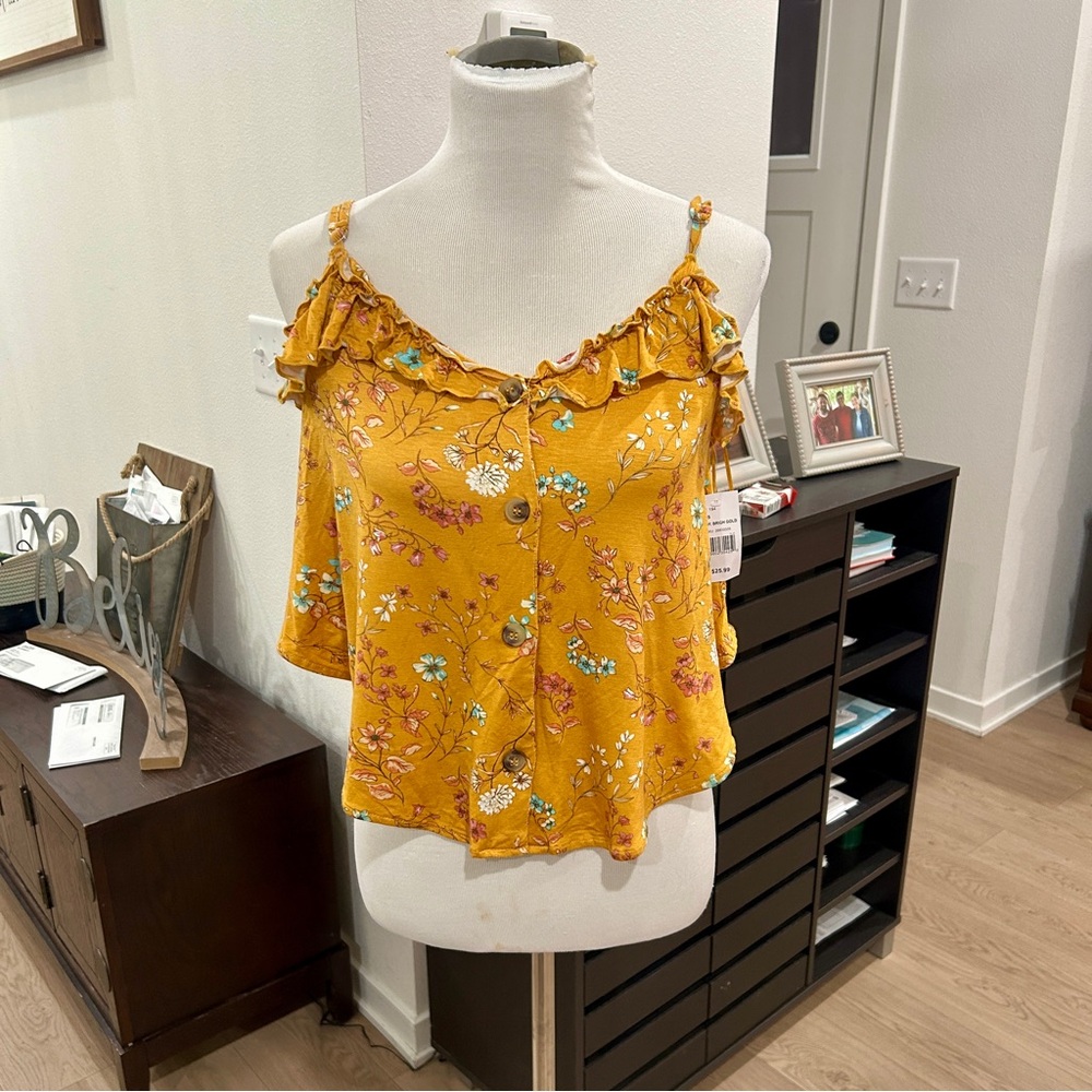 Cloud Chaser Mustard Floral Ruffle Cold-Shoulder Crop Top